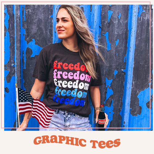 Shop graphic tees and sweatshirts. Shown is our Freedom tee.
