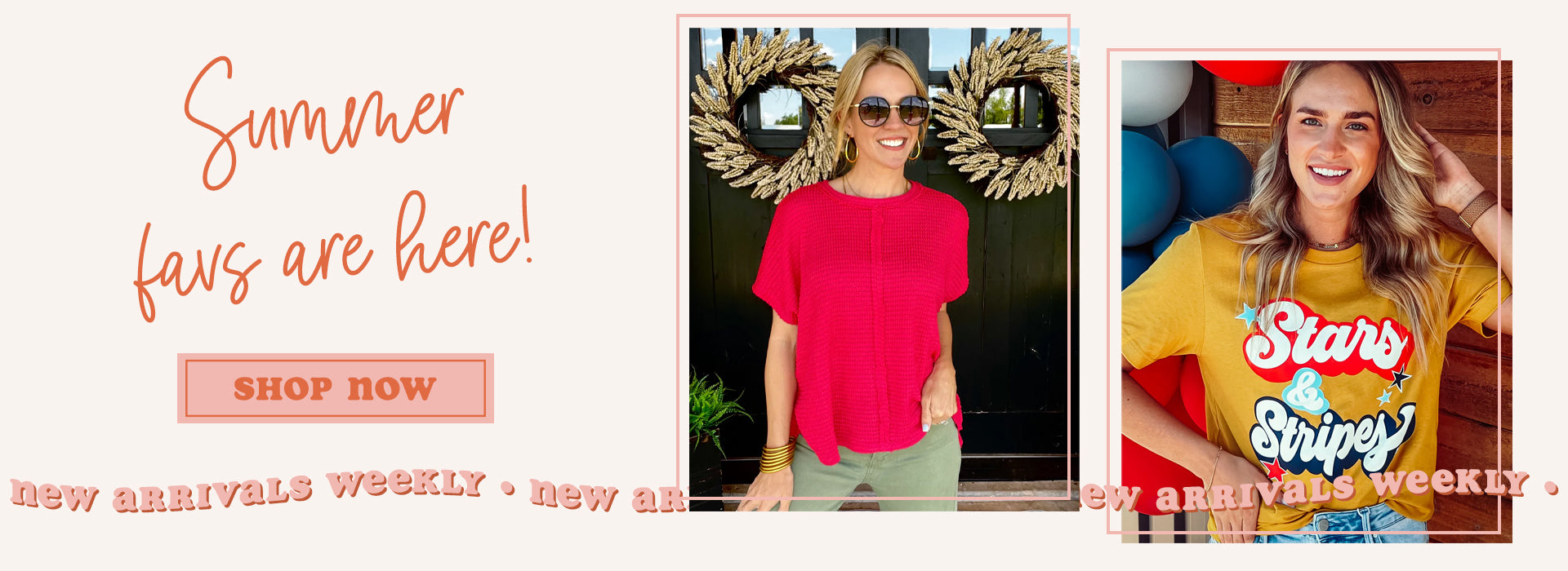 Shop our newest arrivals at PPTX. Shown is our golden hour stars and stripes tee and our new red top. Click to see more.