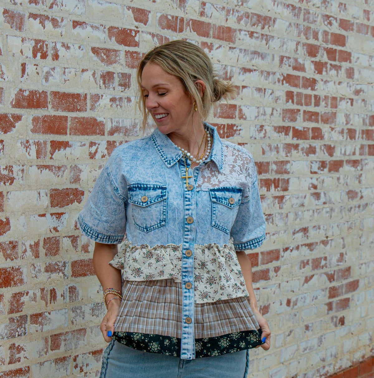 Floral Frill Short Sleeve Denim Top