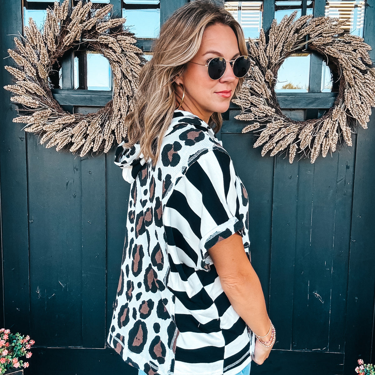Mixed Pattern Hoodie Top
