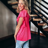 Ruffled Sleeve Ribbed Top - PINK