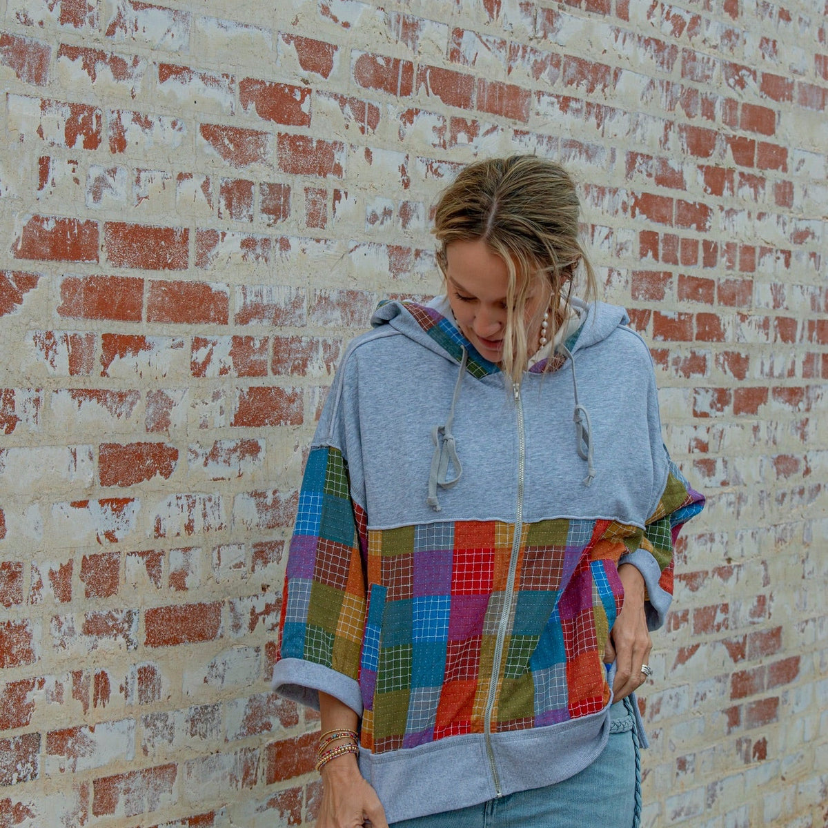 Checkered Quilt Zip Up Cardigan