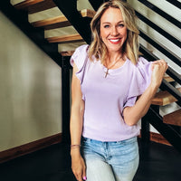 Ruffled Sleeve Ribbed Top - LAVENDER