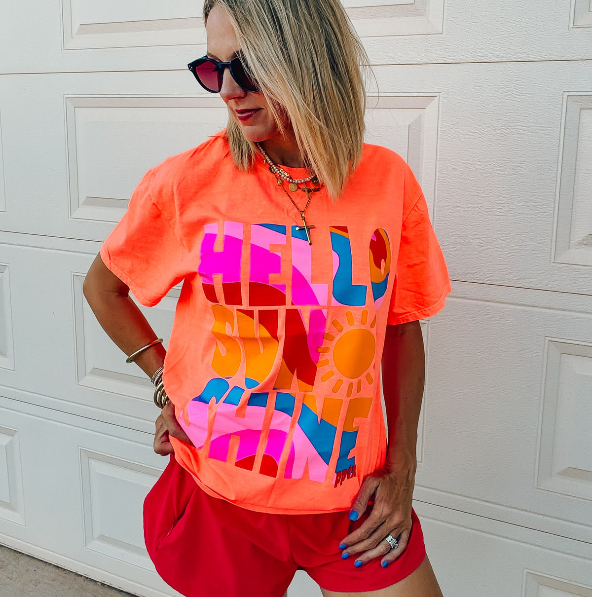 Hello Sunshine Neon Coral Tee