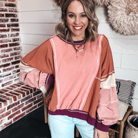 Daring Distressed Terry Pullover - RUST