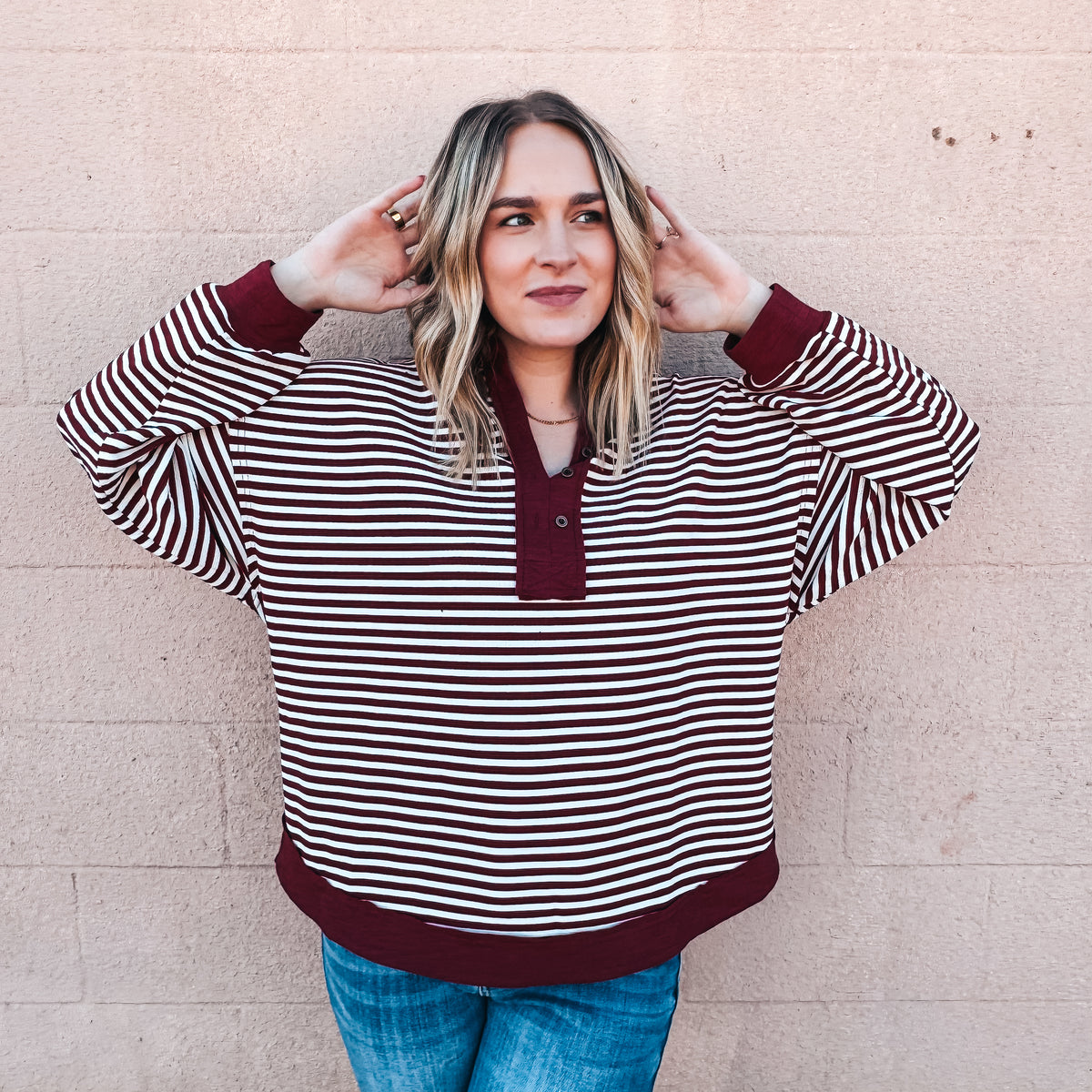 Madeline Stripes Collared Top- Burgundy