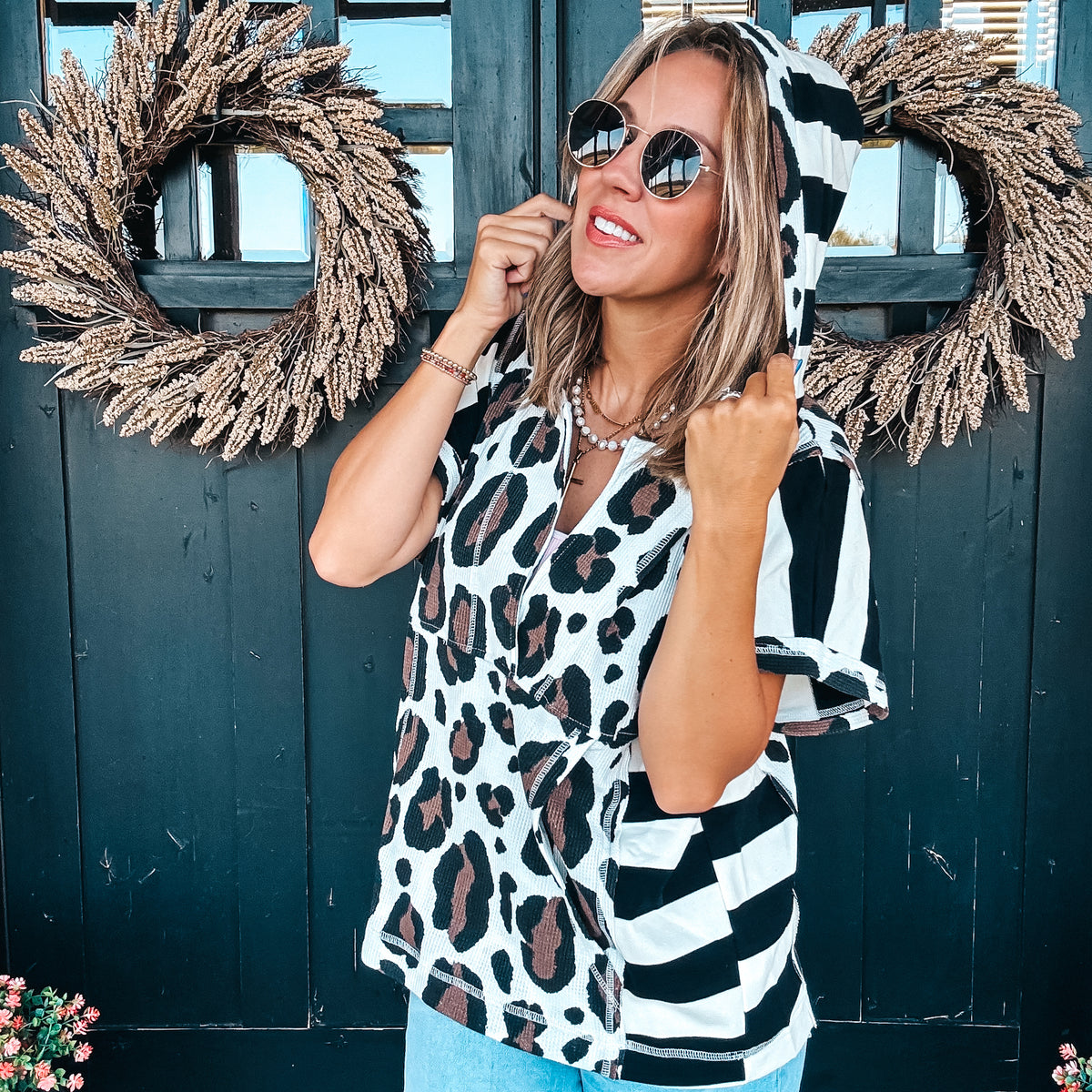 Mixed Pattern Hoodie Top