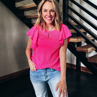 Ruffled Sleeve Ribbed Top - PINK