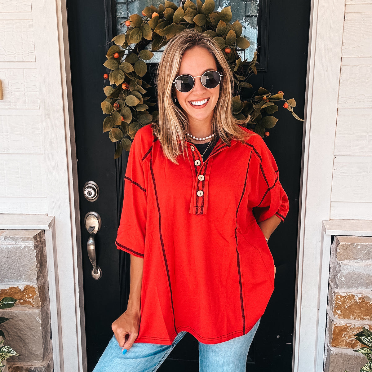 Fan Favorite Henley Tee - RED