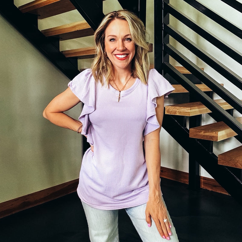 Ruffled Sleeve Ribbed Top - LAVENDER