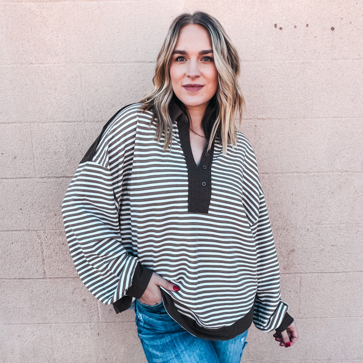 Madeline Stripes Collared Top- Mocha