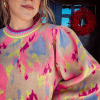 Neon Abstract Puff Sleeve Sweater