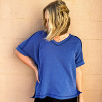 Claire Ribbed Basic V-Neck-Blue