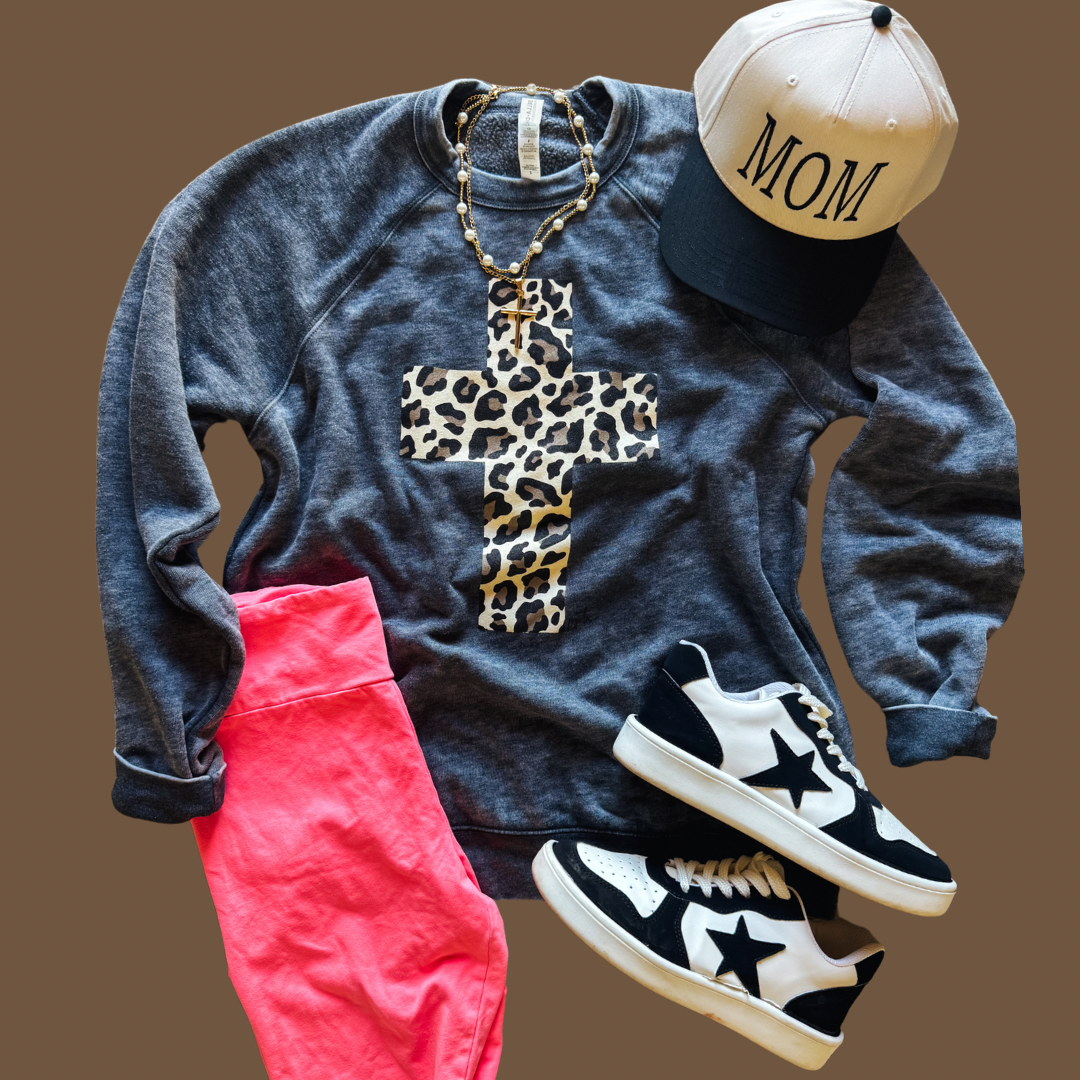 Leopard Cross Acid Wash Sweatshirt