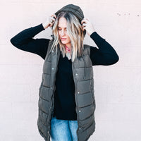 Camille Long Puffer Vest - OLIVE