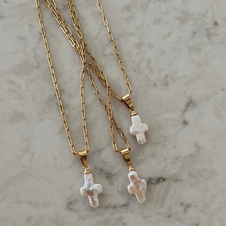 Dainty Pearl Cross Necklace