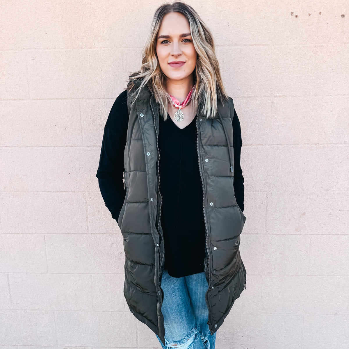 Camille Long Puffer Vest - OLIVE