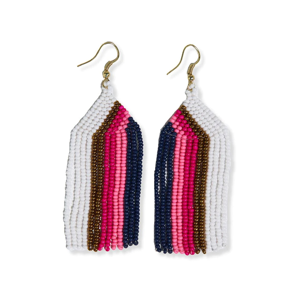 Dolly Vertical Stripe Beaded Fringe Earrings - HOT PINK