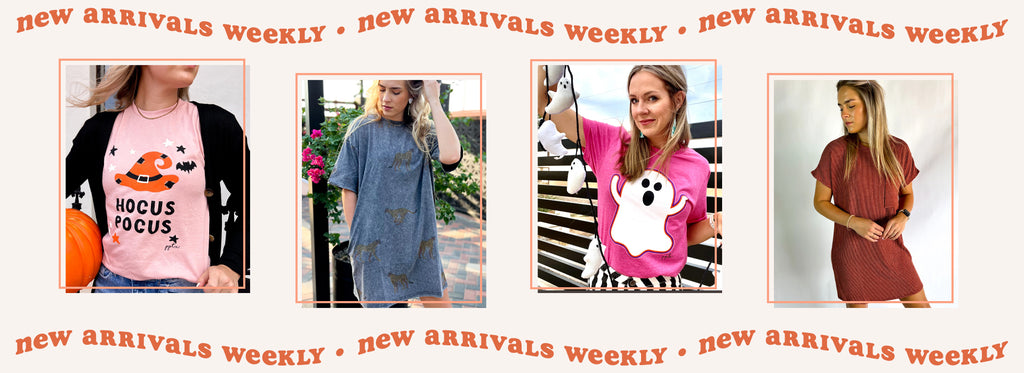 Shop PPTX New Arrivals. Shown is our Hocus Pocus graphic tee, Leopard Tee Dress, Pink Ghost Tee, and Rust Dress.