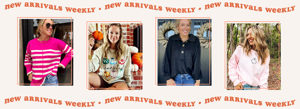Shop PPTX new arrivals. Shown is our pink stripe sweater, thankful pumpkin graphic sweatshirt, black button top, and our pink embroidered ghost sweatshirt.