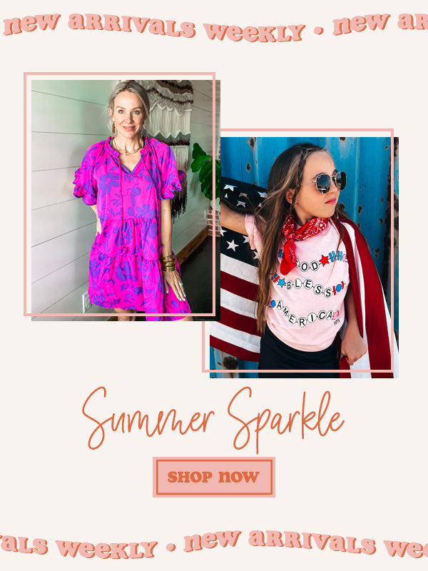 Summer arrivals are here! Click to shop our newest arrivals. Shown is our Mia mini dress and our kids God Bless America tee.