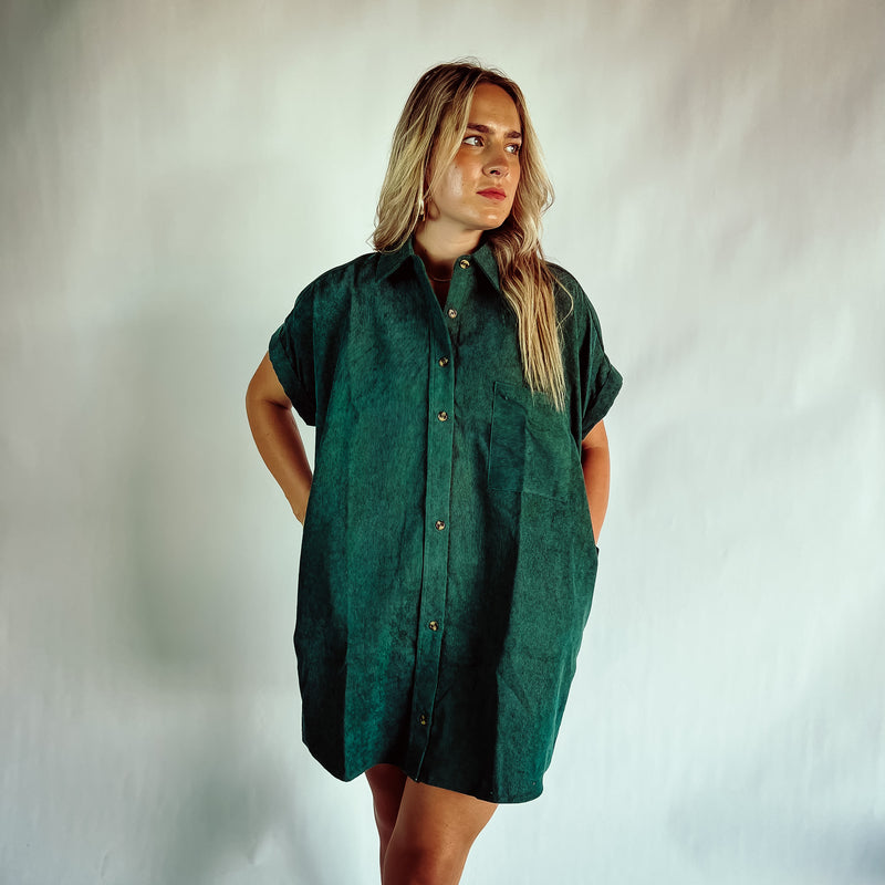 Payton Corded Button Up Dress - FOREST GREEN