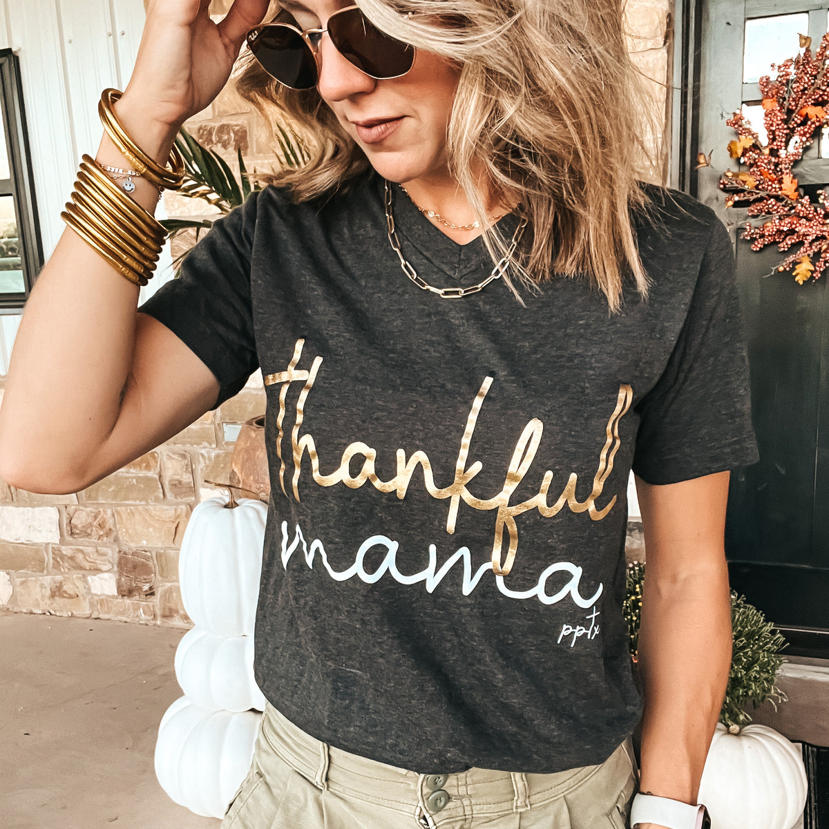 Thankful Mama Charcoal V-neck