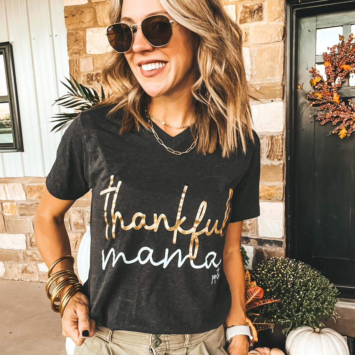 Thankful Mama Charcoal V-neck